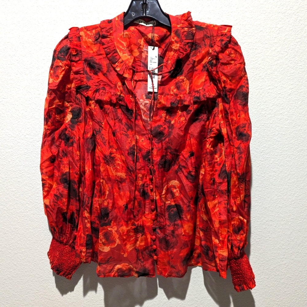 Alice + Olivia Floral Print Ruffle Cotton & Silk Blouse